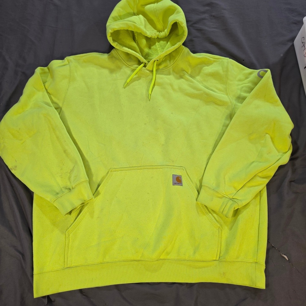 Carhartt Mens 2XL Rain Defender Loose Fit Neon Yellow Graphic Sleeve Hoodie